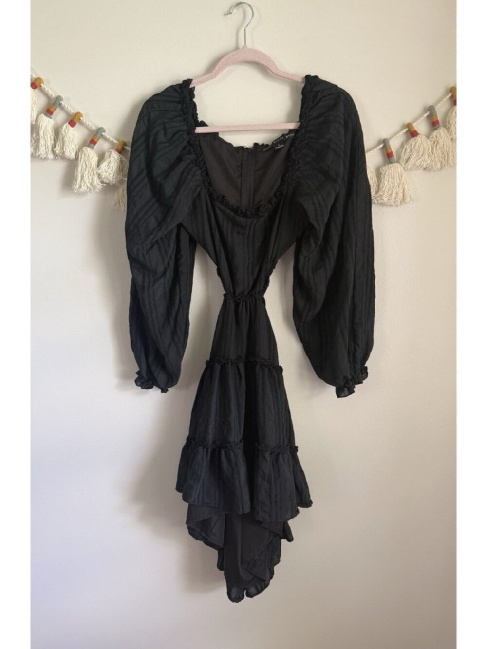 Hyfve Black Ruffle Tiered Open Back Long Sleeve Mini Dress Date Night Feminine L